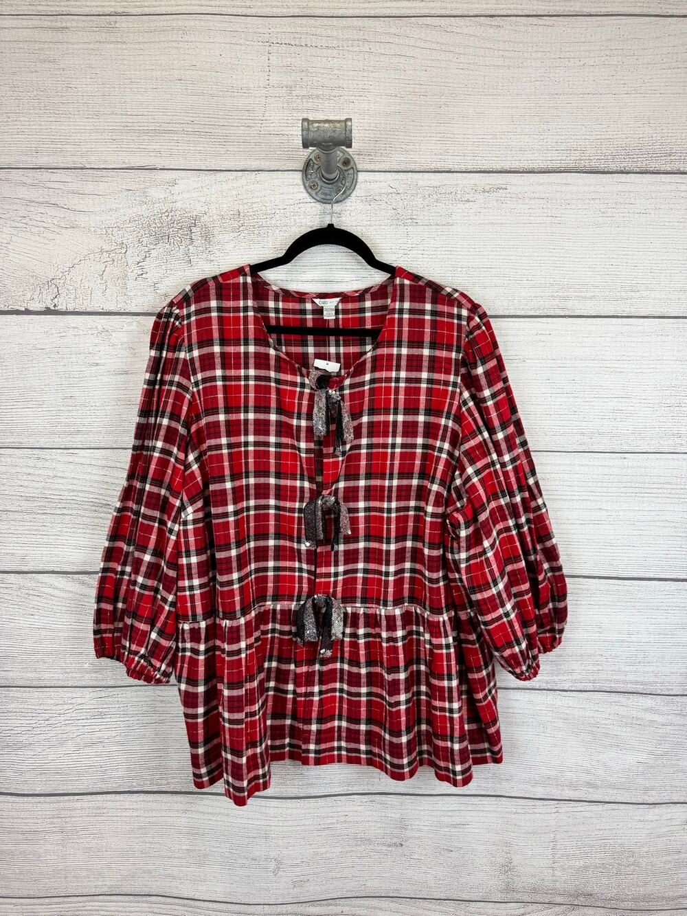 Cato Plus Size Red Christmas Plaid Sequin Bow Front Blouse Size 26/28W